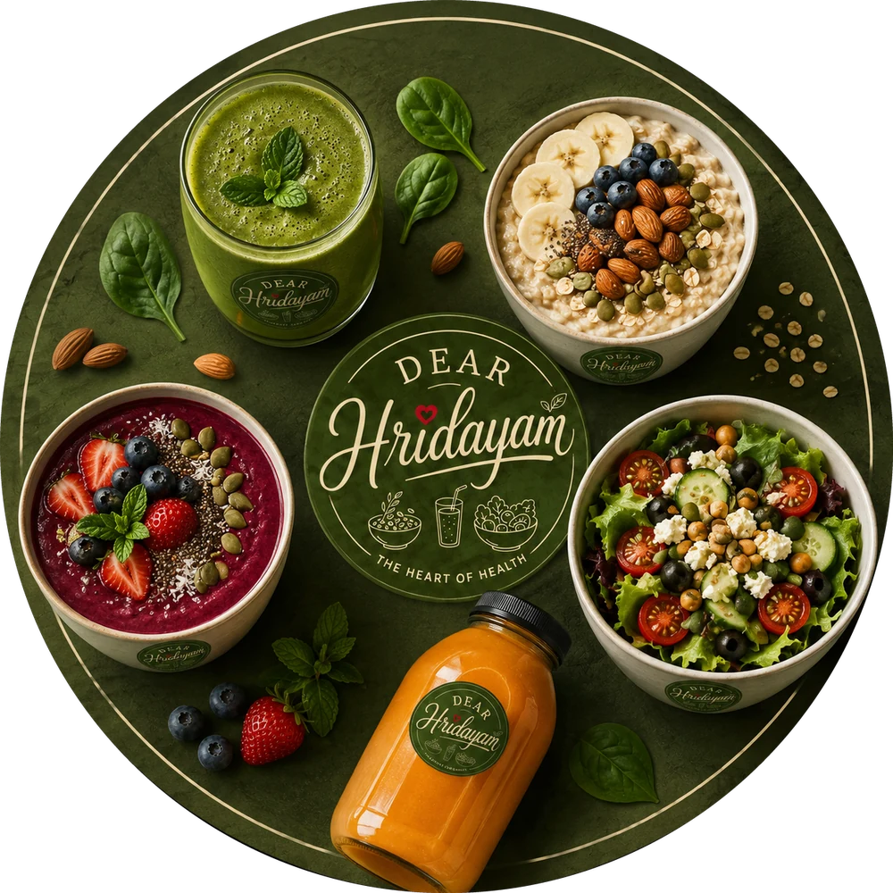 Dear Hridayam โ oat bowls, a green smoothie, a garden salad and cold-pressed juice